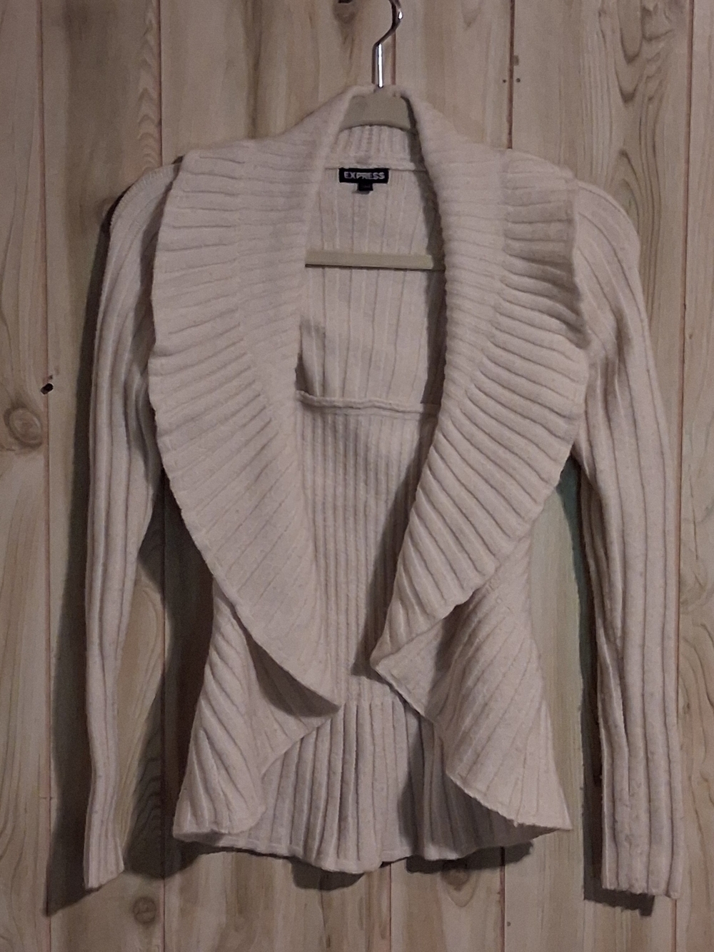 Express Cream Ribbed Open-Front Shawl Collar Cardigan